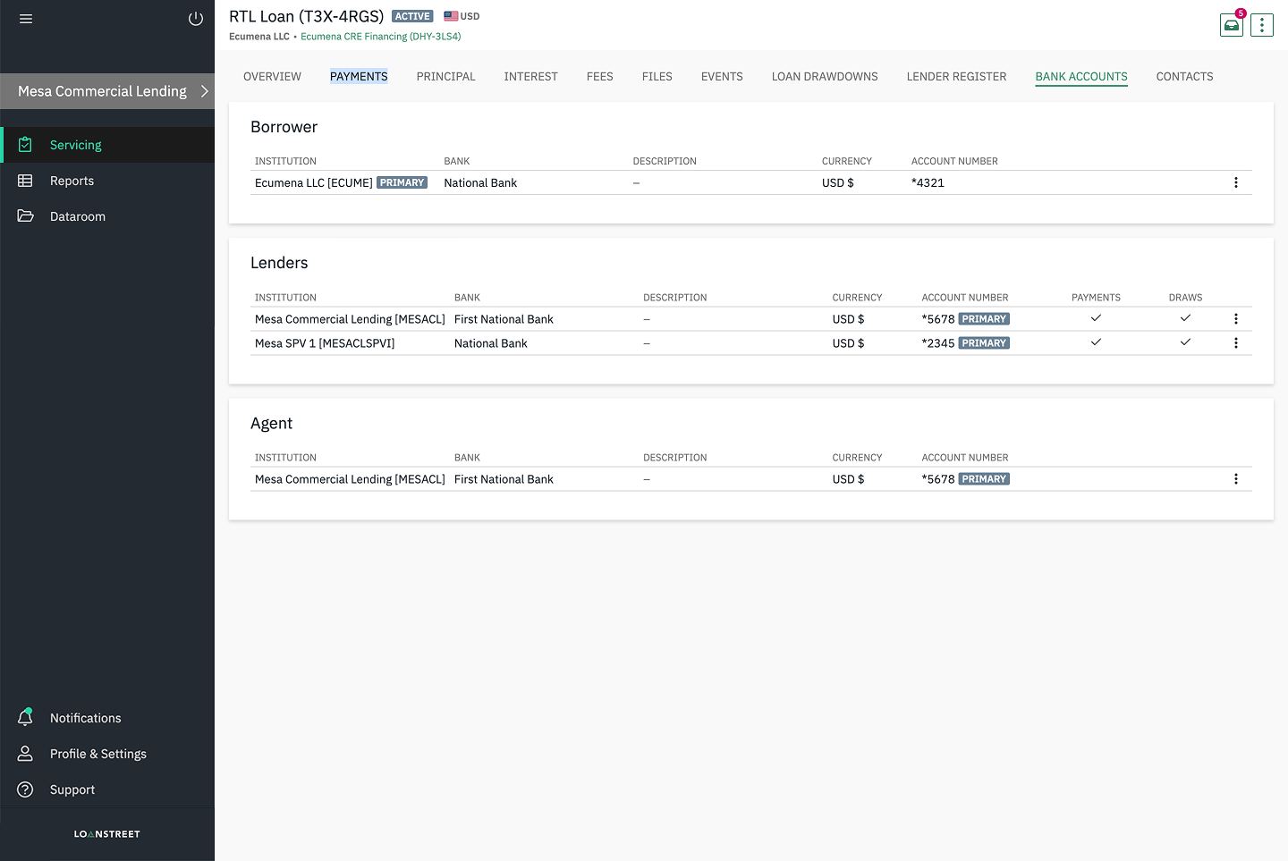 Borrower, lender, and agent bank accounts for every loan in one view.