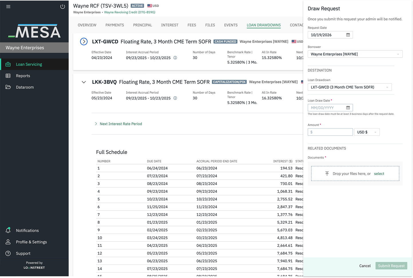 Borrowers directly submit draw requests with dates, amounts and supporting documents in a branded borrower portal.