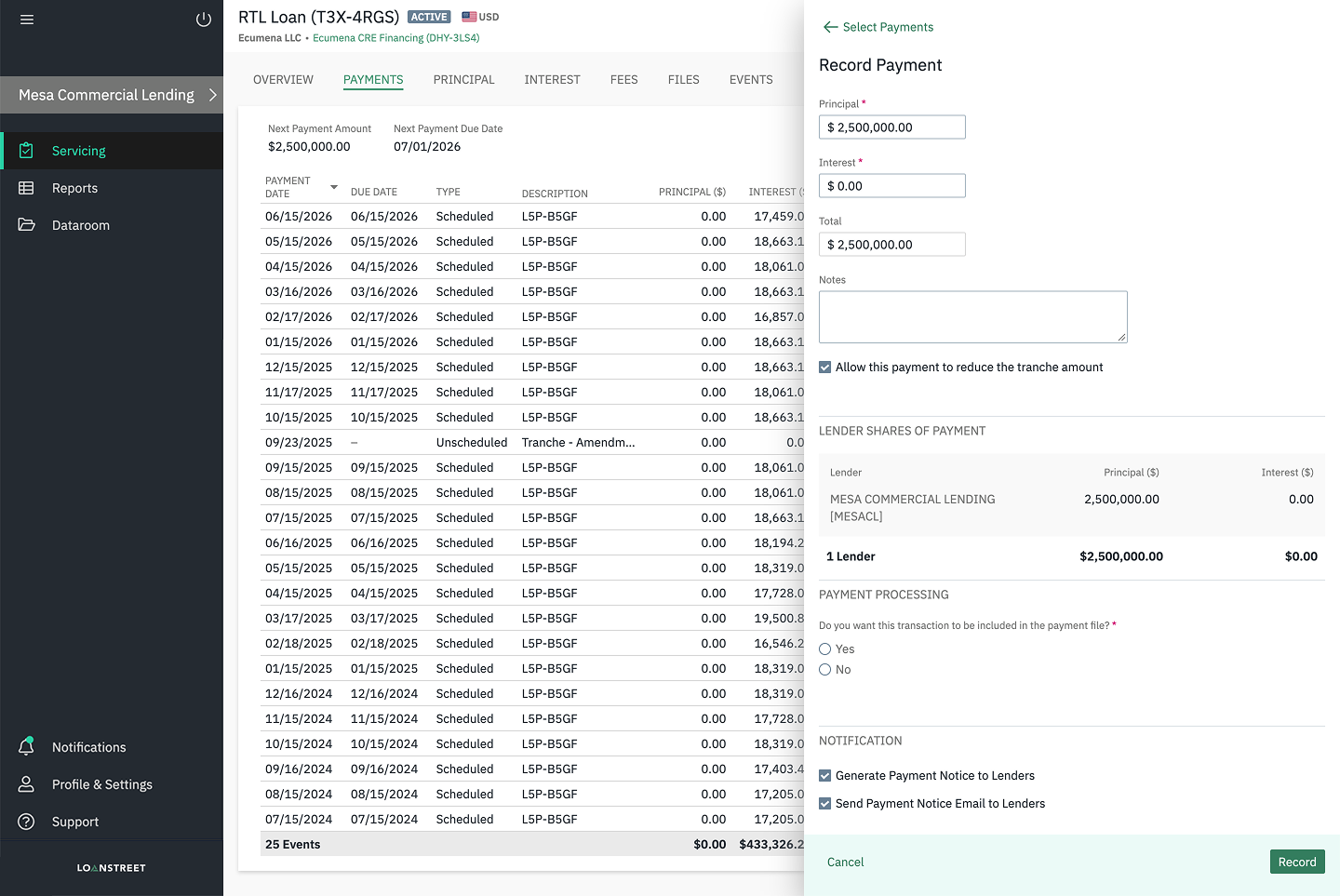 Post a payment and split it across lender shares automatically.